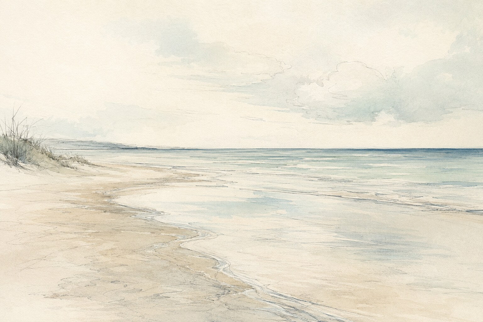 Airy watercolor shoreline landscape