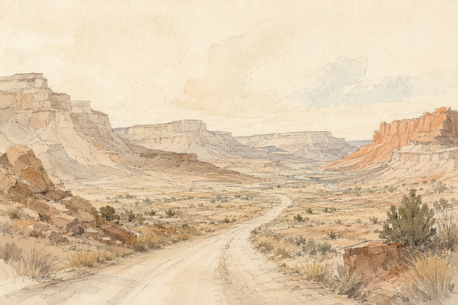 Airy watercolor desert road landscape